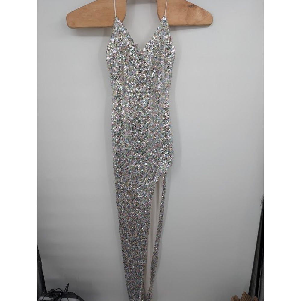 Windsor Sequin Formal Gown High Slit Maxi Dress Silver Women's Small NWT